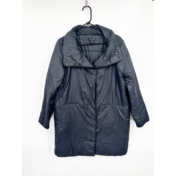 Eileen Fisher Recycled Nylon Black Stand Collar Cocoon Coat Size Small - Picture 3 of 7